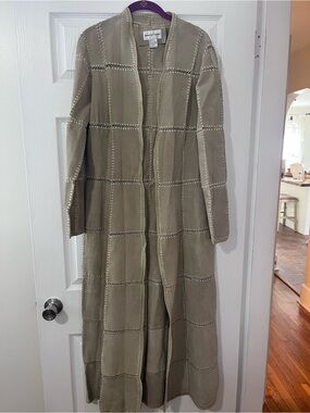 BOHO Newport News Women's Beige Long Leather Open Front Coat Crochet Trim Size M